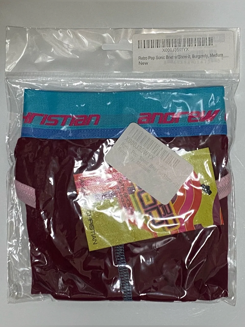 NWT! Andrew Christian RETRO Pop 💥 Sonic Brief w/Show-It Tech MED Burgundy